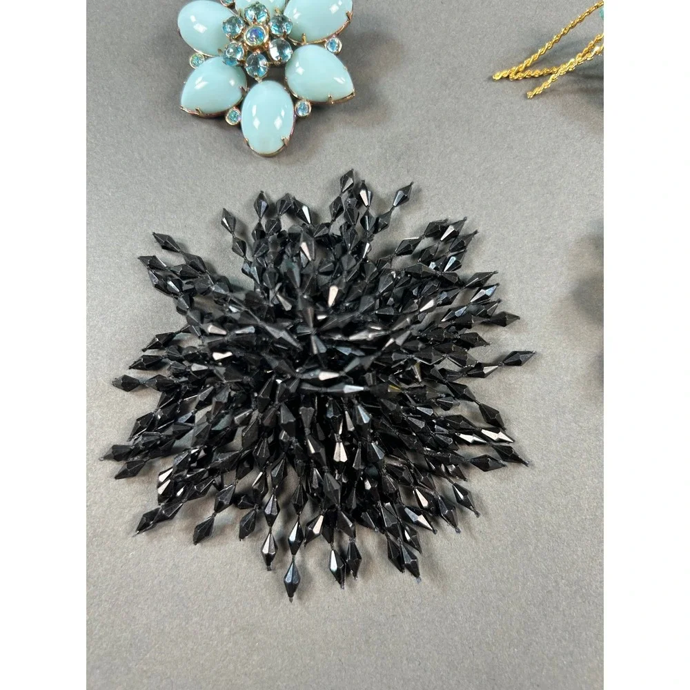 Vintage Brooch Lot 6pc Lisner Amber Rhinestone Blue Enamel Daisy Black Starburst